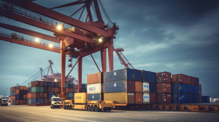 logistics-transportation-container-cargo-ship-cargo-plane-with-working-crane-bridge-shipyard-sunrise-logistic-import-export-transport-industry-background-ai-generative-1-e1705302490389