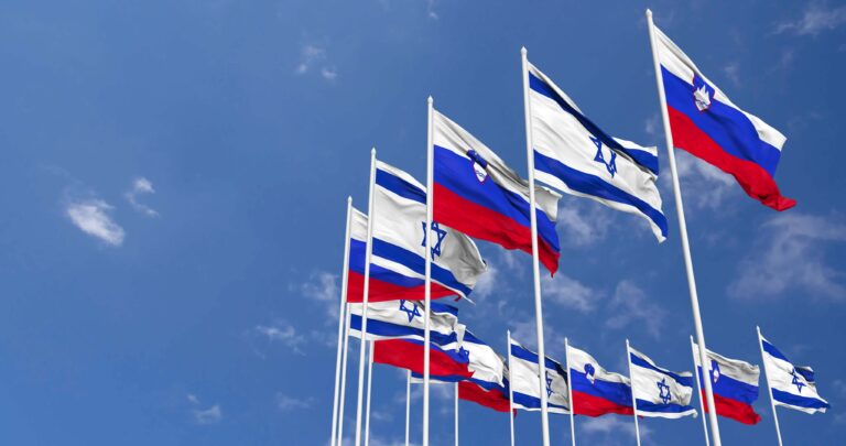 slovenia-and-israel-flags-waving-together-in-the-sky-seamless-loop-in-wind-space-on-left-side-for-design-or-information-3d-rendering-free-video