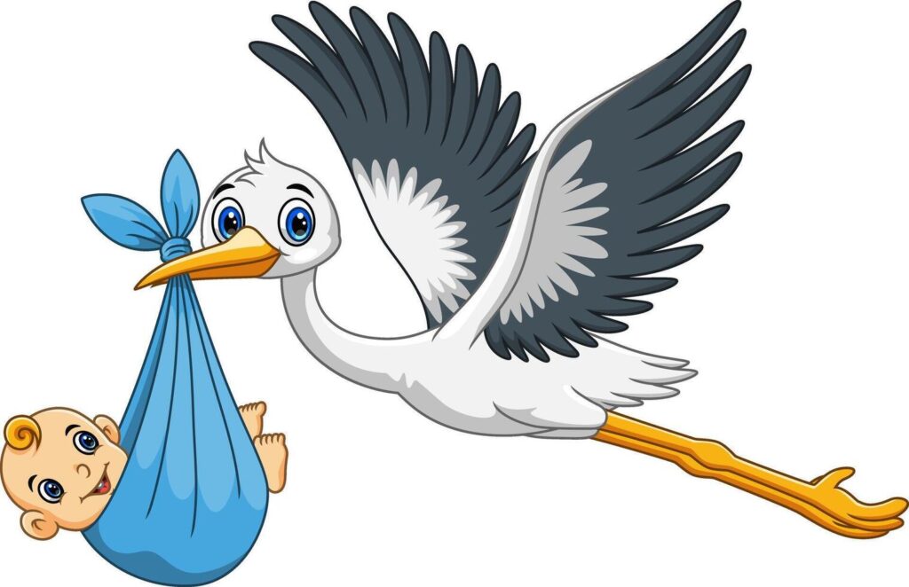 cartoon-of-a-cute-stork-carrying-a-newborn-baby-free-vector